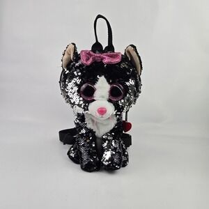 Ty Fashion Collection Cat 10 I0 Inch Backpack Sparkle Sequin Black To Silver